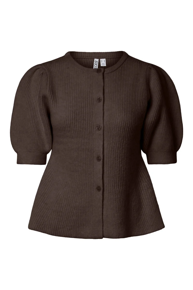 Pieces - Pcsilly Ss Puff Knit Cardigan - 5102772 Hot Fudge Melange