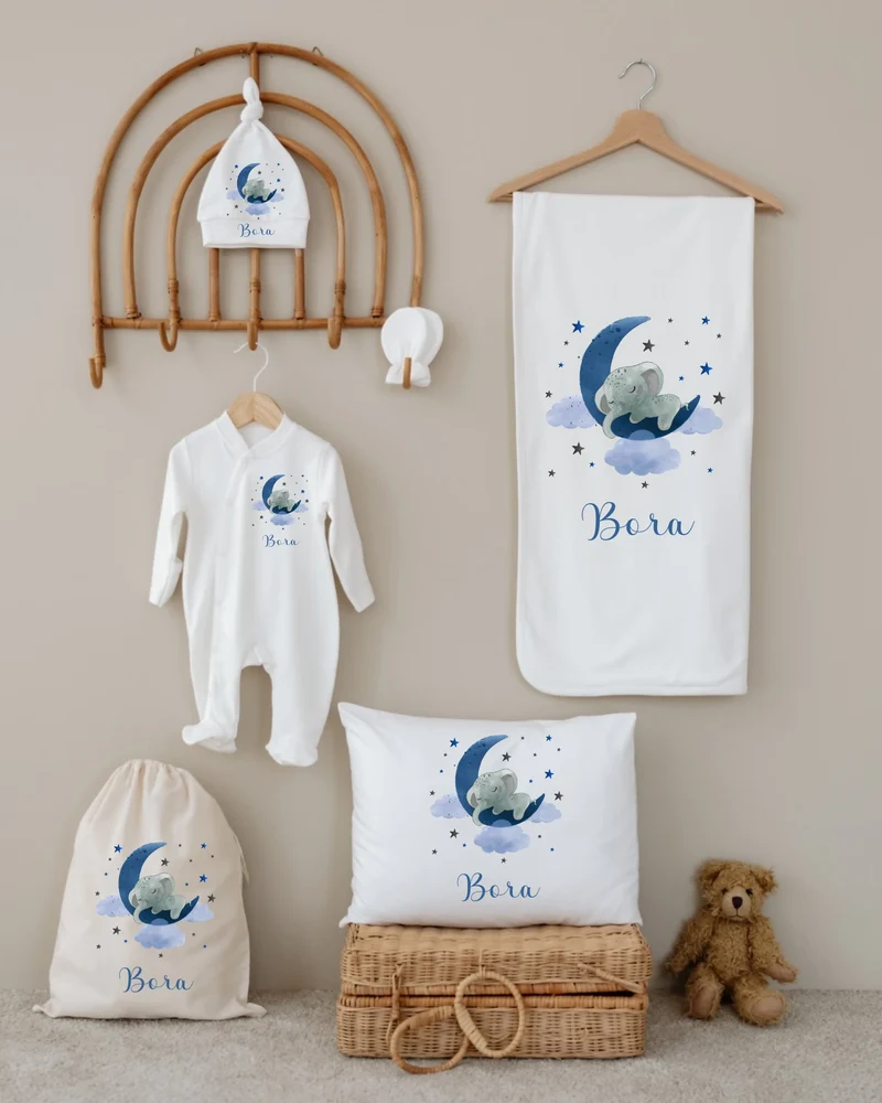 Blauwe en roze olifant - Gepersonaliseerde 6-delige Newborn Cadeauset met Naam
