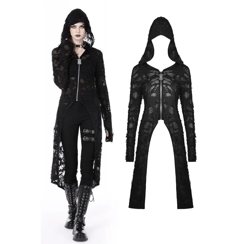Kvinnors Punk Split Ripped Coat med Huva