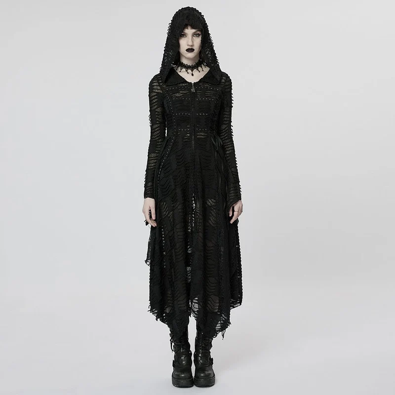 Punk Irregular Ripped Long Coat för kvinnor med huva