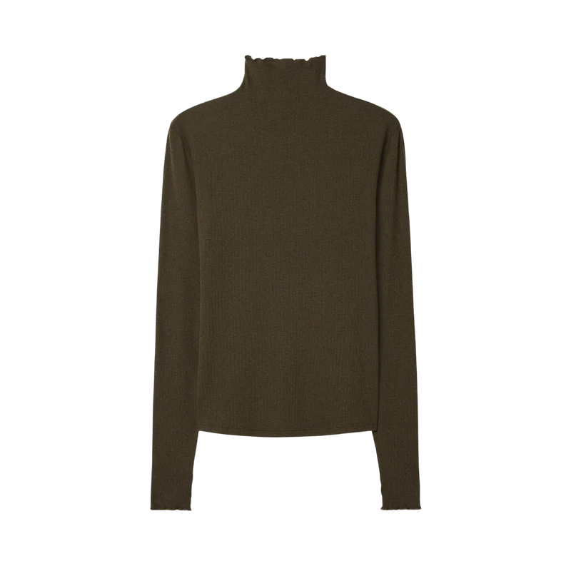 Rib Mock Neck Top - Dark Khaki Green