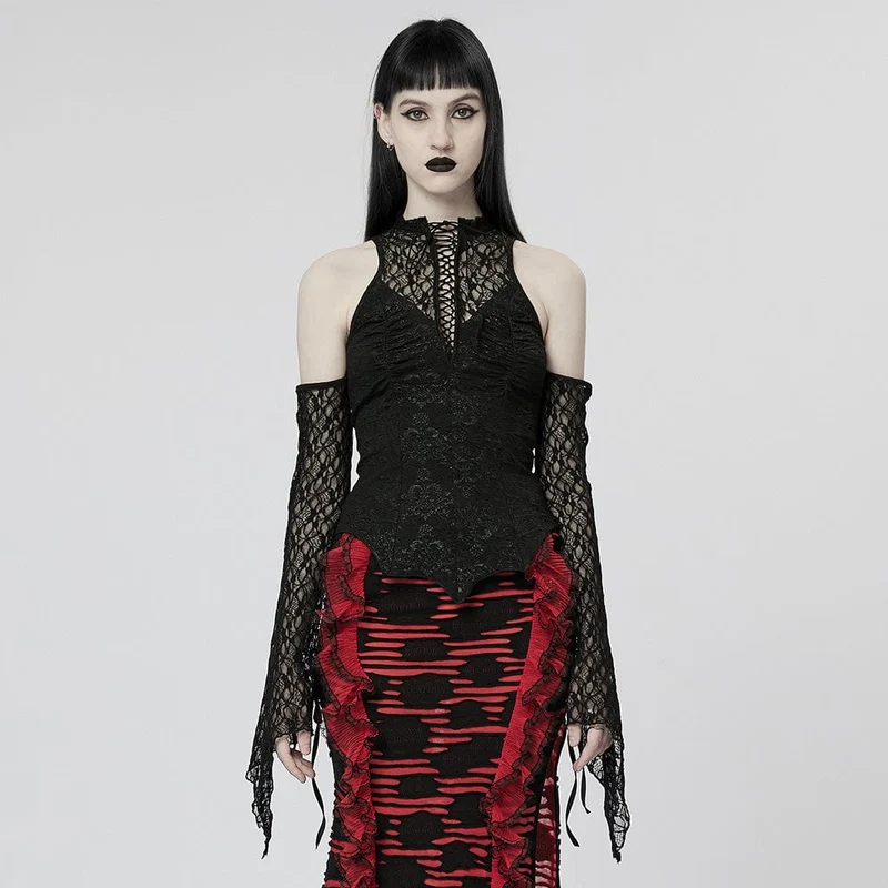 Gothic Off Shoulder Spets Splice Crop Top för kvinnor