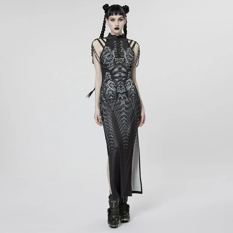 Gothic Strappy Side Slid Klänning för kvinnor med kedja