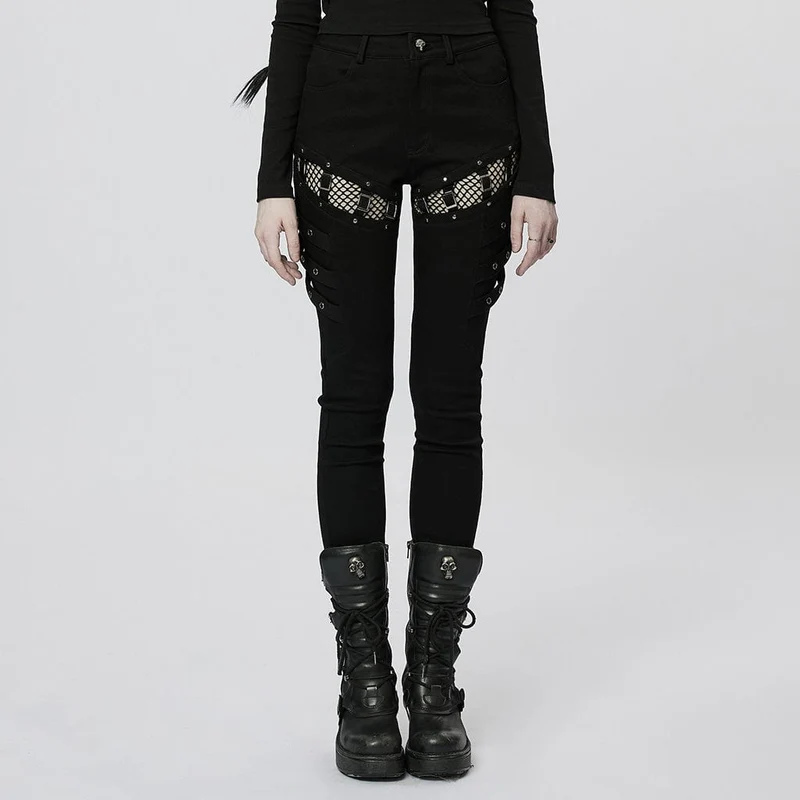 Punk Mesh Splice Spännen Jeans för kvinnor