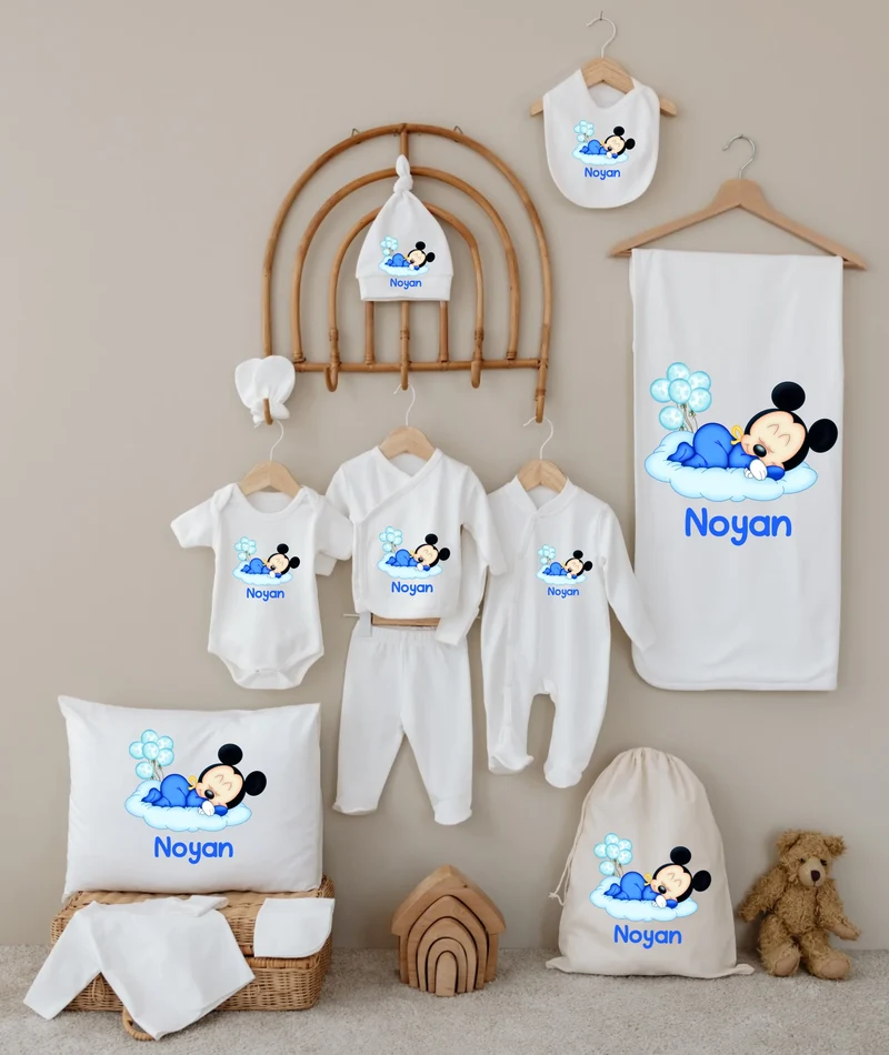 Slaapmuisje Blauw - Gepersonaliseerde 12- delige Babykleding Cadeauset met Naam