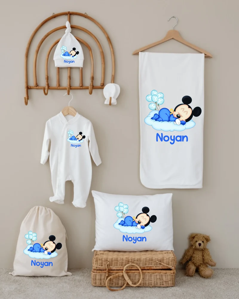 Slaapmuisje Blauw - Gepersonaliseerde 6-delige Newborn Cadeauset met Naam