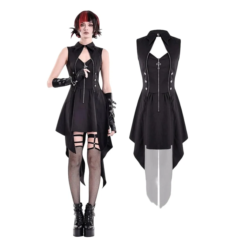Damklänning med punkmönster, nedfällbar krage, dragkedja och oregelbunden fåll