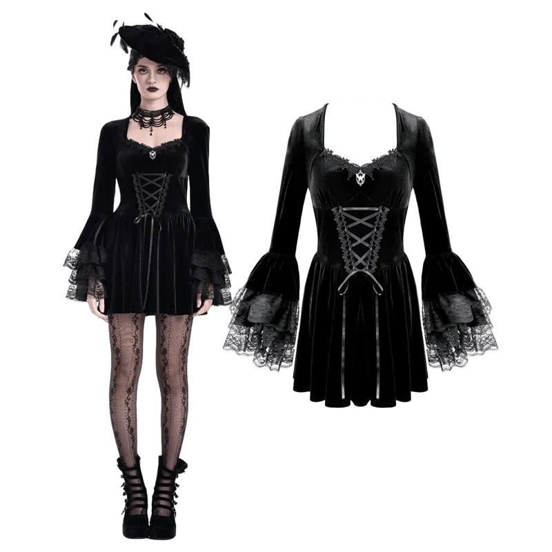 Gotisk klänning med snörning, fyrkantig krage och utsvängda ärmar för kvinnor, examensklänning