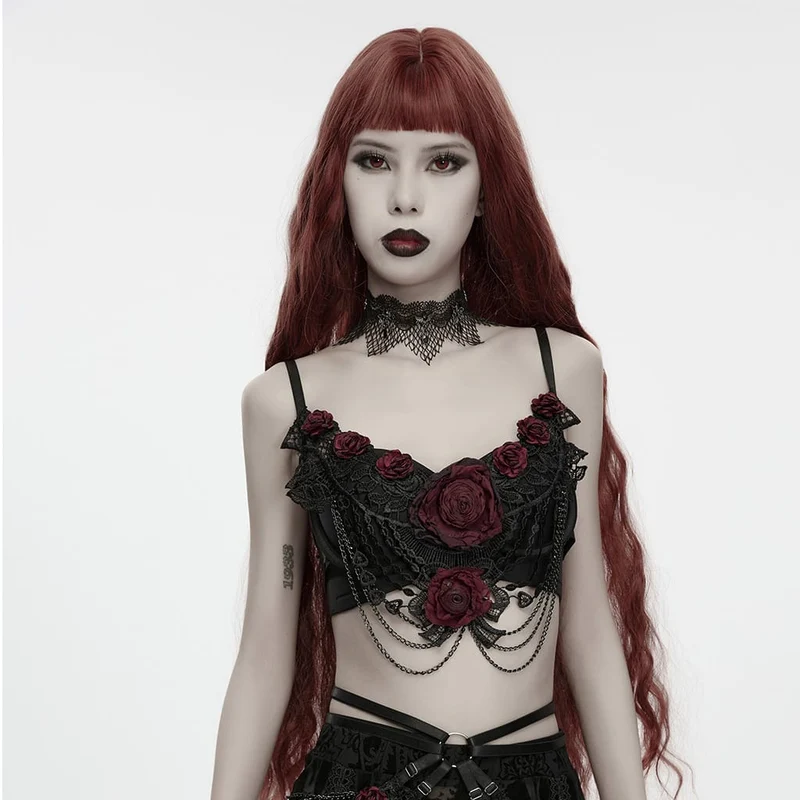 Dam Gotisk Rose Chain Bralet Svart-Röd