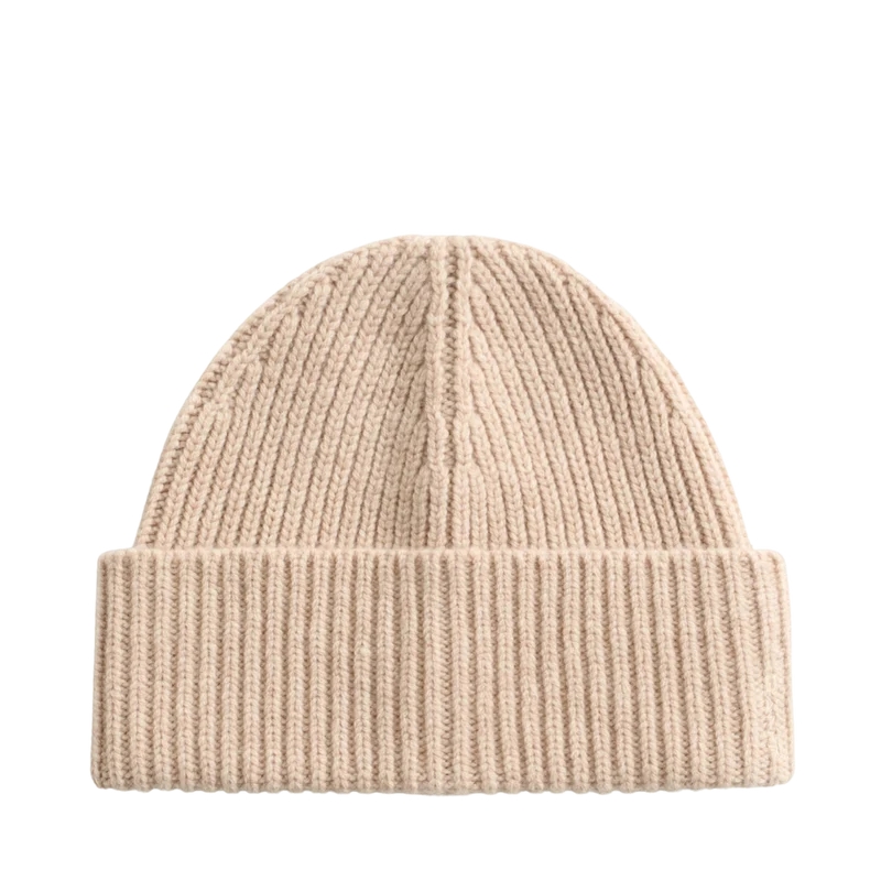 Wool Cashmere Blend Ribbed Beanie - Light Beige Melange
