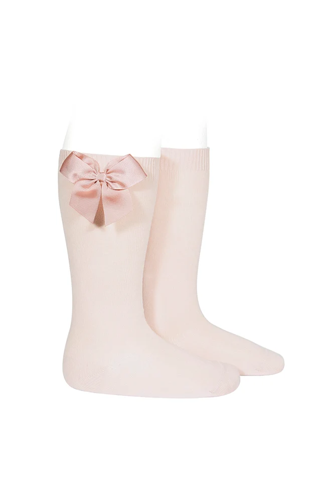 Cotton Knee Socks w/ Side Bow - Nude
