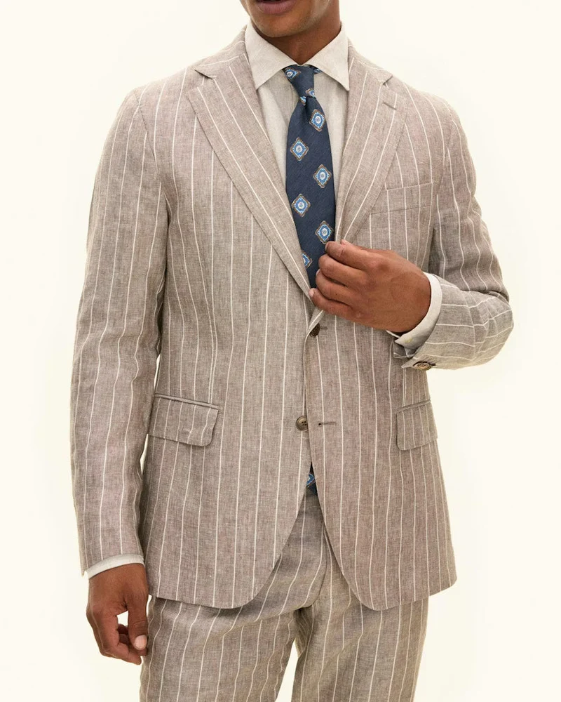 OSCAR JACOBSON Regular Fit Linen Striped Suit - Beige