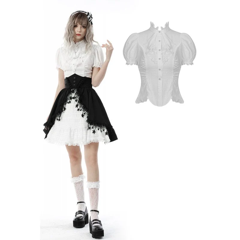 Gothic Ruffles kort puffärmad skjorta för kvinnor Vit