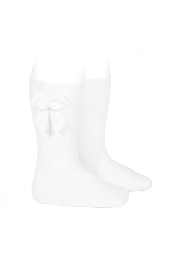 Cotton Knee Socks w/ Side Bow - White