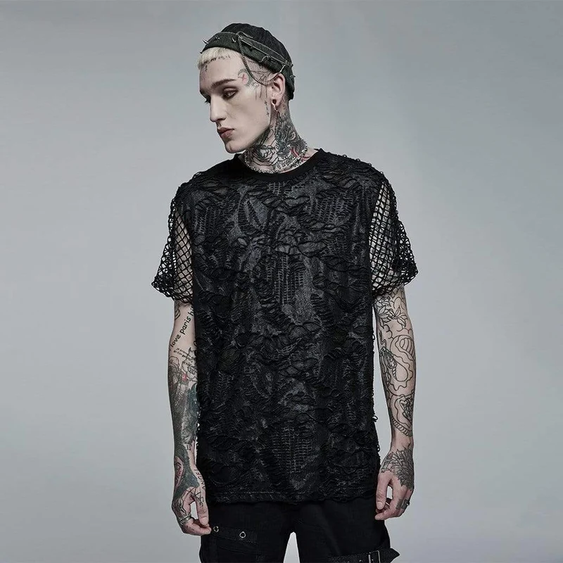 Gothic Ripped Mesh Stickad T-shirt för män