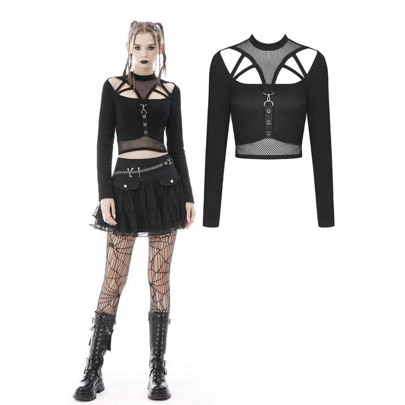 Punk Cutout Mesh Splice Crop Top för kvinnor