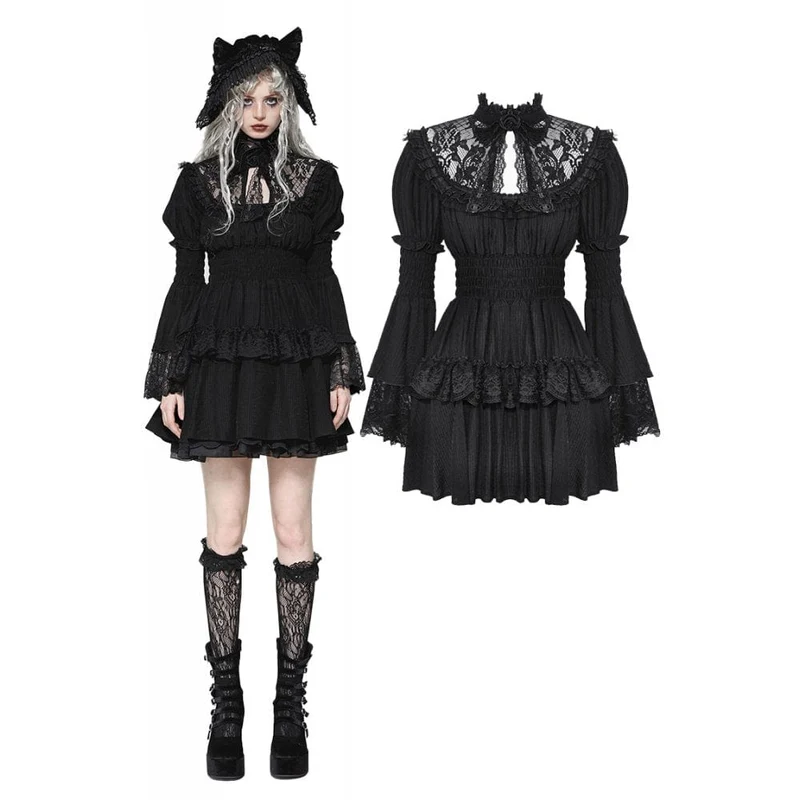 Gothic puffärm, skiktad volangklänning för kvinnor