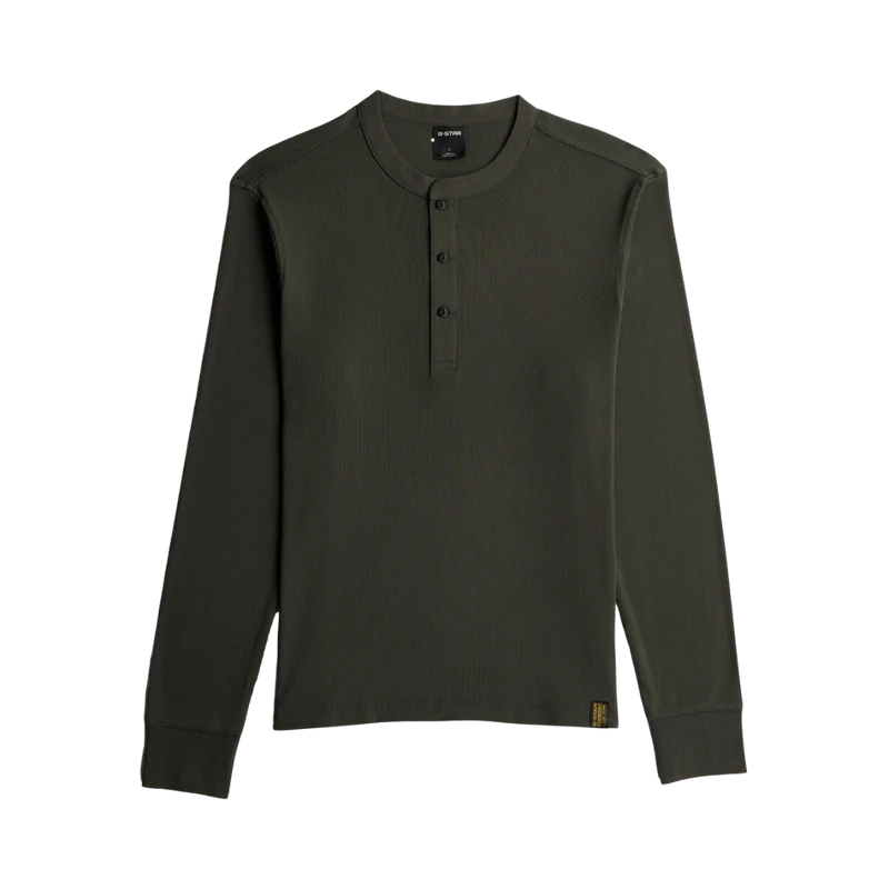Shrunken Slim Rib Henley LS - Black Olive