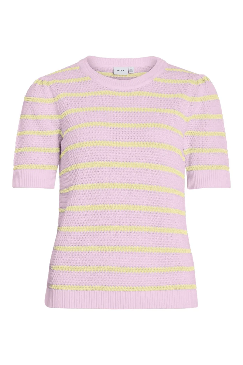 Vila - Vidalo O-Neck S/S Stripe Knit-Noos - 5006326 Cherry Blossom Pastel Yellow