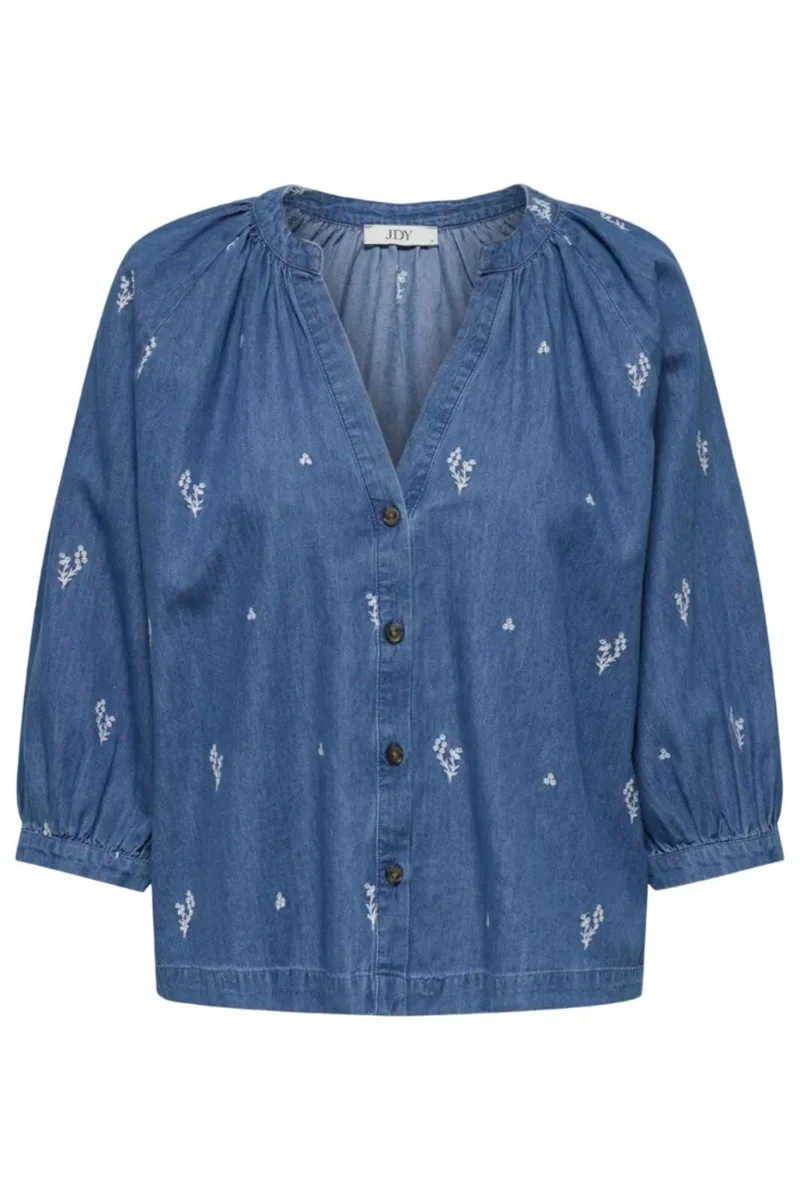 JDY - Jdykai 3/4 Shirt Dia - 5049505 Light Blue Denim Cloud Dancer Emb