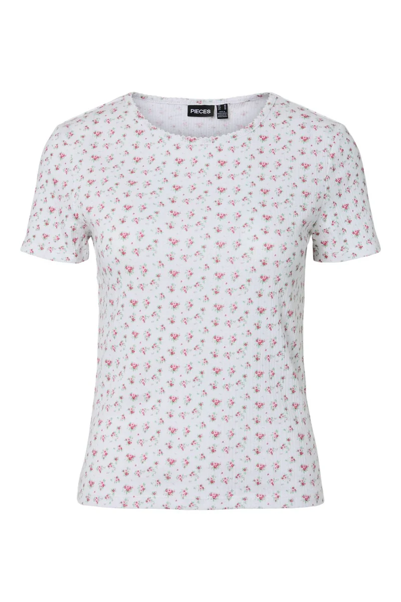 Pieces - Pcturiel Ss O-Neck Printed Tee - 4993293 Cloud Dancer Pink Flowers