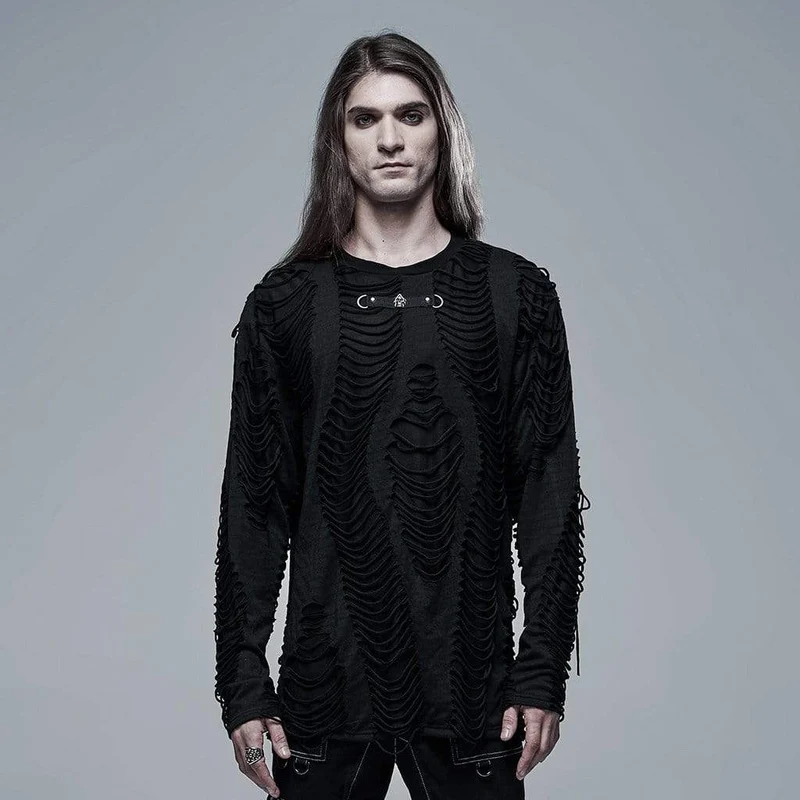 Gothic Ripped Dubbellagers svart skjorta för män