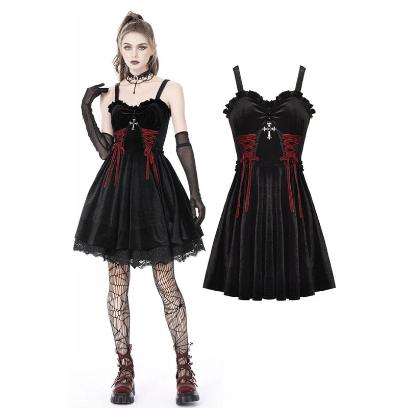 Gothic Strappy Cross Velvet Slip Dress för kvinnor