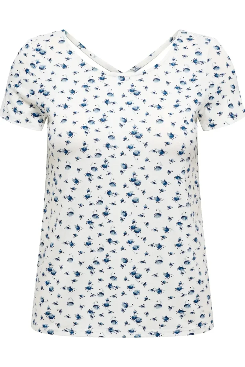 Only - Onlbera Back Lace Up S/S Top - 4967491 Cloud Dancer Tania Blue Flower