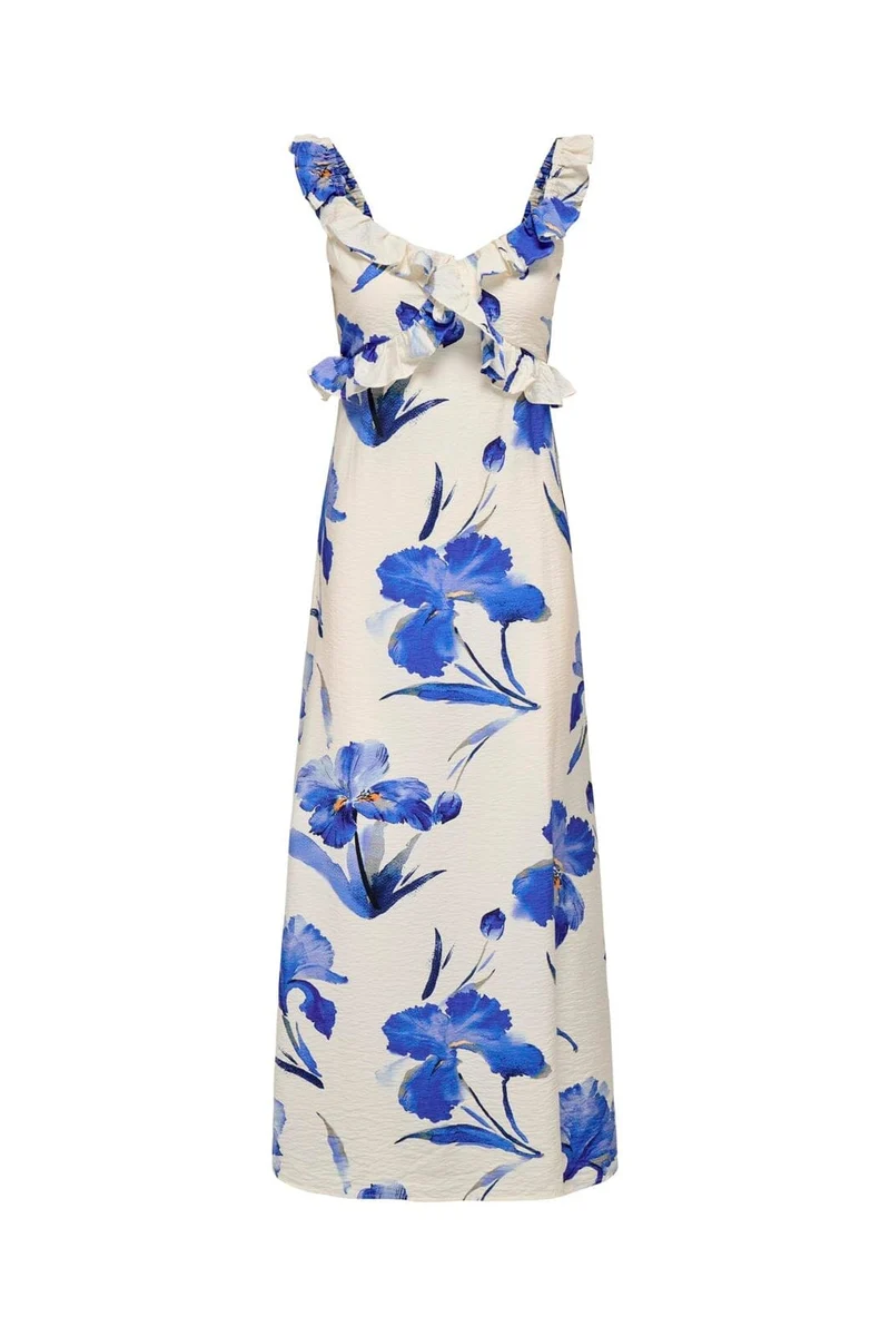 Only - Onlhyaci S/L Frill Long Dress - 4995371 Bright White Big Blue