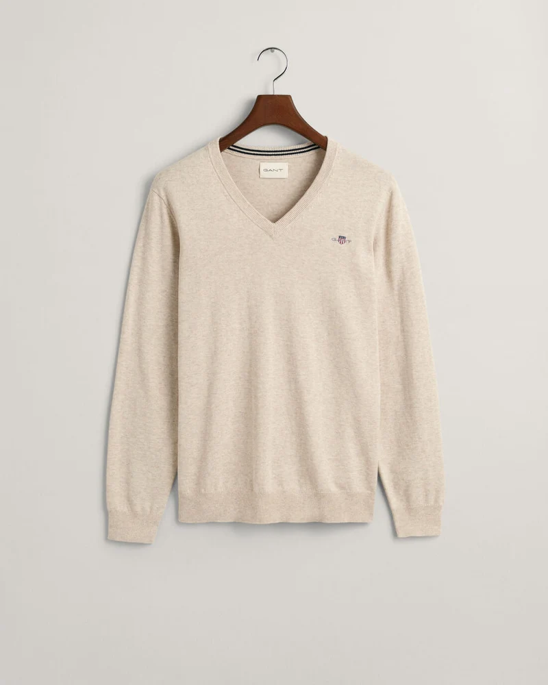 GANT Classic Cotton V-Neck - Light Beige Melange