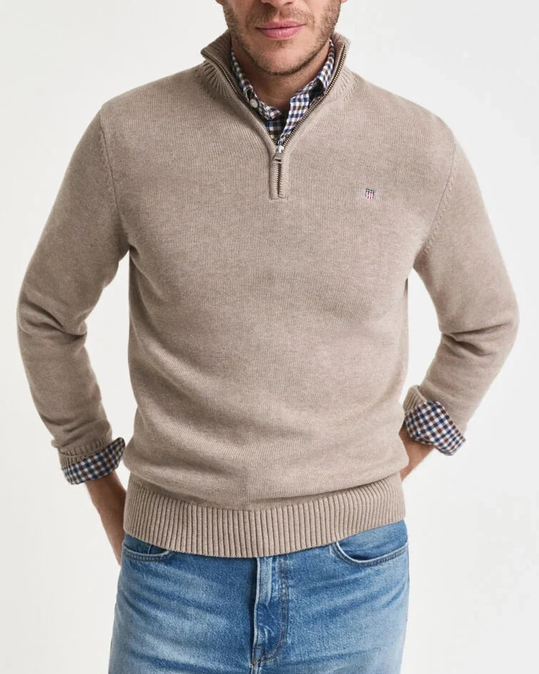 GANT Casual Cotton Half Zip - Dark Sand Melange
