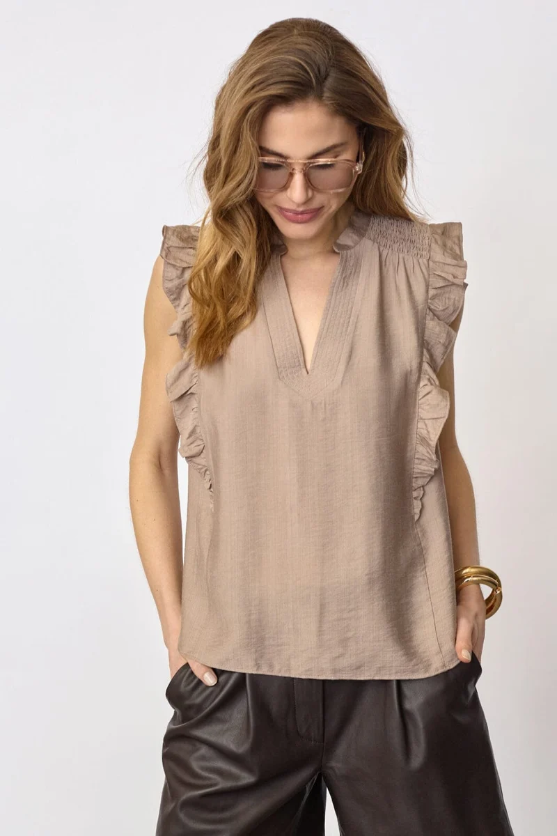 Co´Couture - Heracc Frill Ss V-Top 45165 - 154 - Walnut