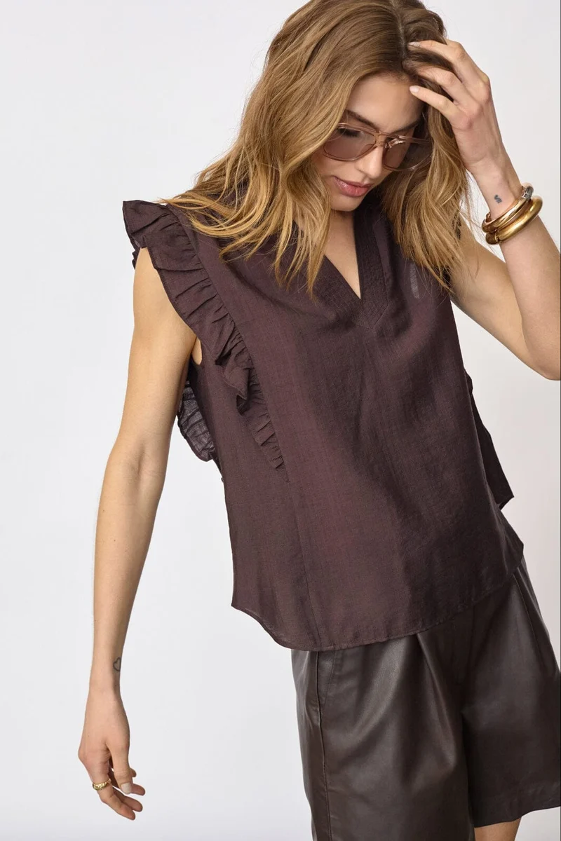 Co´Couture - Heracc Frill Ss V-Top 45165 - 145 - Dark Brown