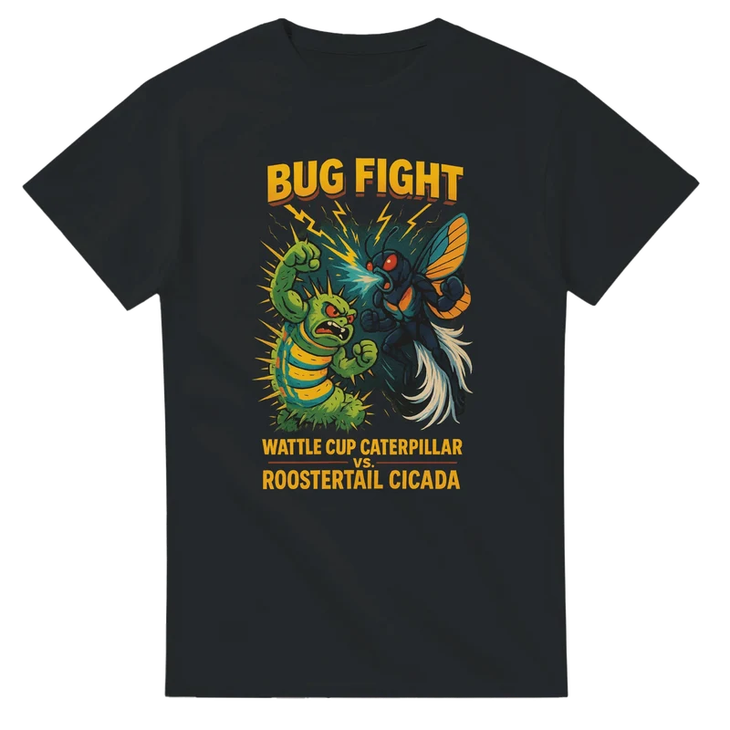 T-shirt – Bug Fight: Wattle Cup Caterpillar vs. Roostertail Cicada