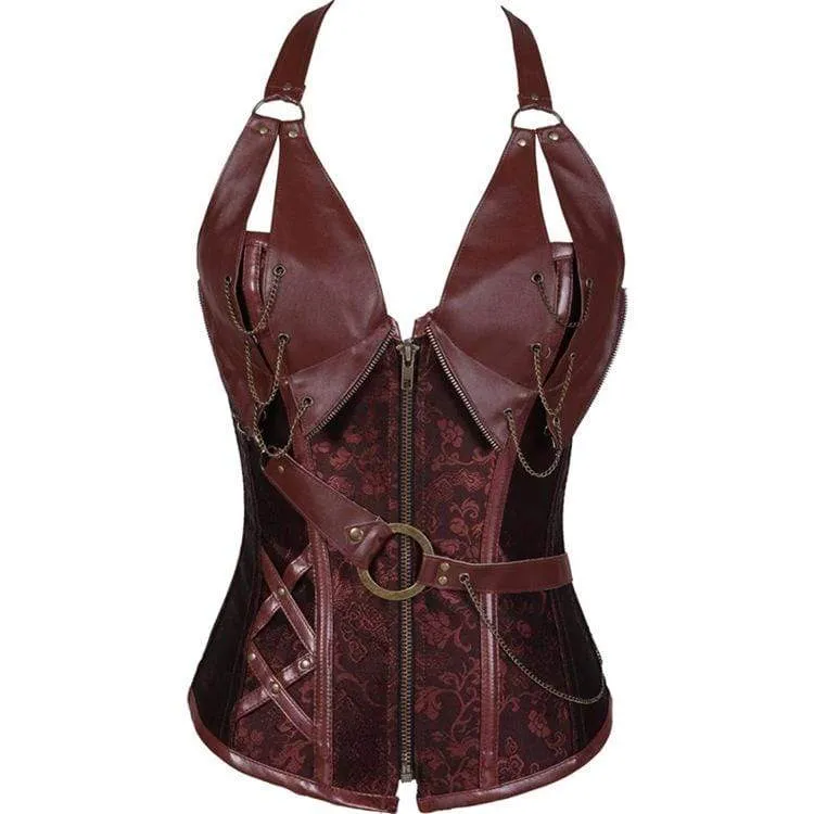 Kvinnors Spiral Steel Bened Steampunk Goth Halter Läder Bustier Corset