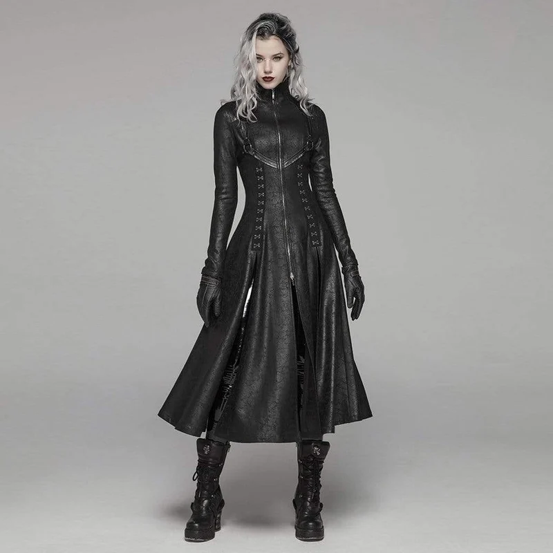 Dam Goth Front Zipper Stand Krage Maxi Overcoat