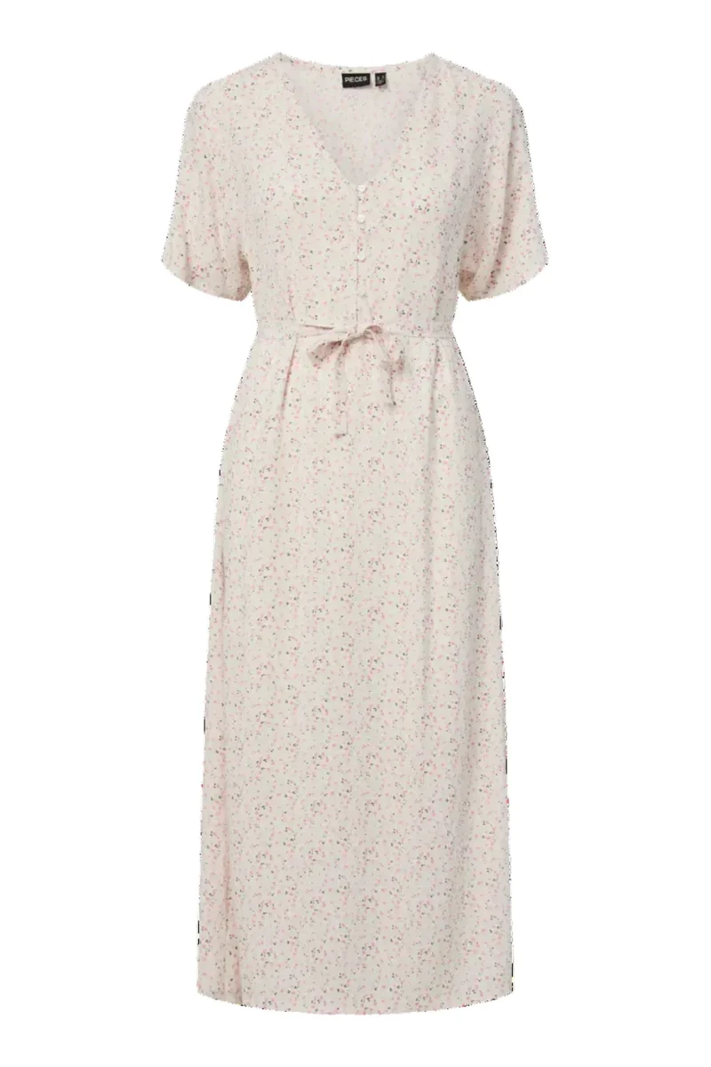 Pieces - Pcbarri Ss Midi V-Neck Dress Msa - 4983766 Cloud Dancer Ditsy Flower Feel