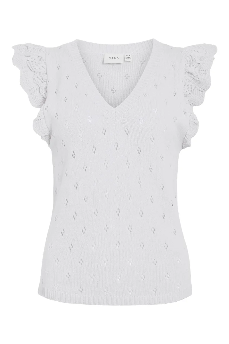 Vila - Vimarlea V-Neck S/L Flounce Knit Top - 5003051 Cloud Dancer