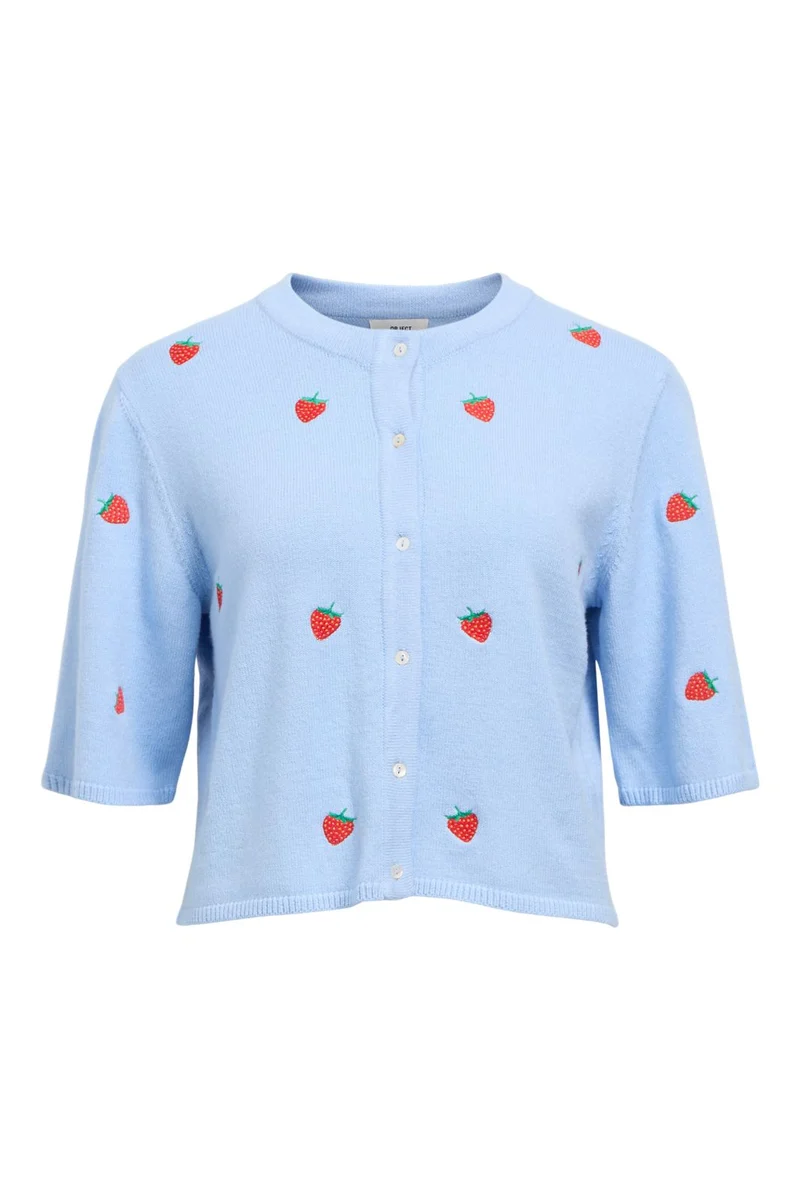 Object - Objthess 3/4 Sleeve Cardigan - 4621041 Serenity Strawberry Embroidery