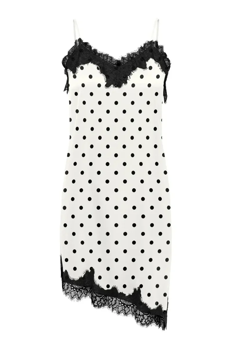 Only - Onlbella Strap Satin Lace Dress - 5126141 Cloud Dancer Black Dot And Black Lace
