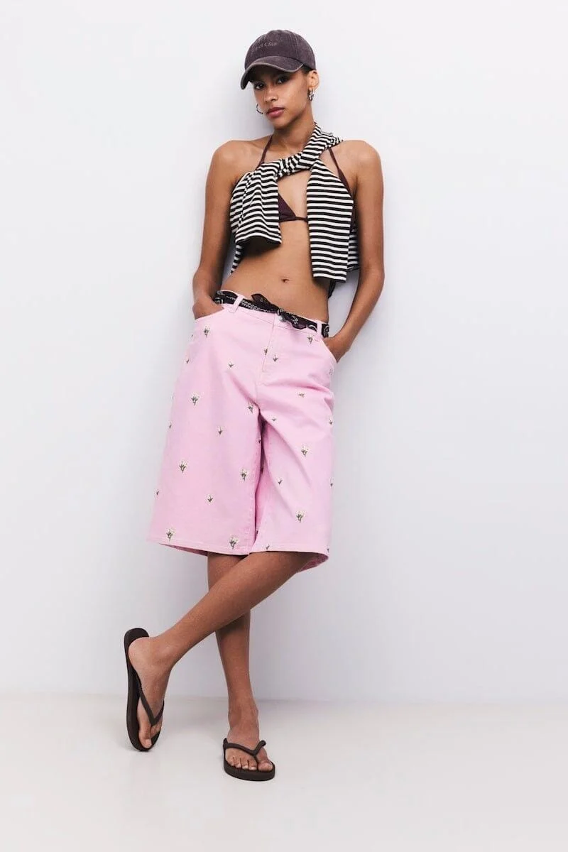 Pieces - Pcflora Long Emb Shorts - 5124683 Roseate Spoonbill Yellow Flower Embroidery