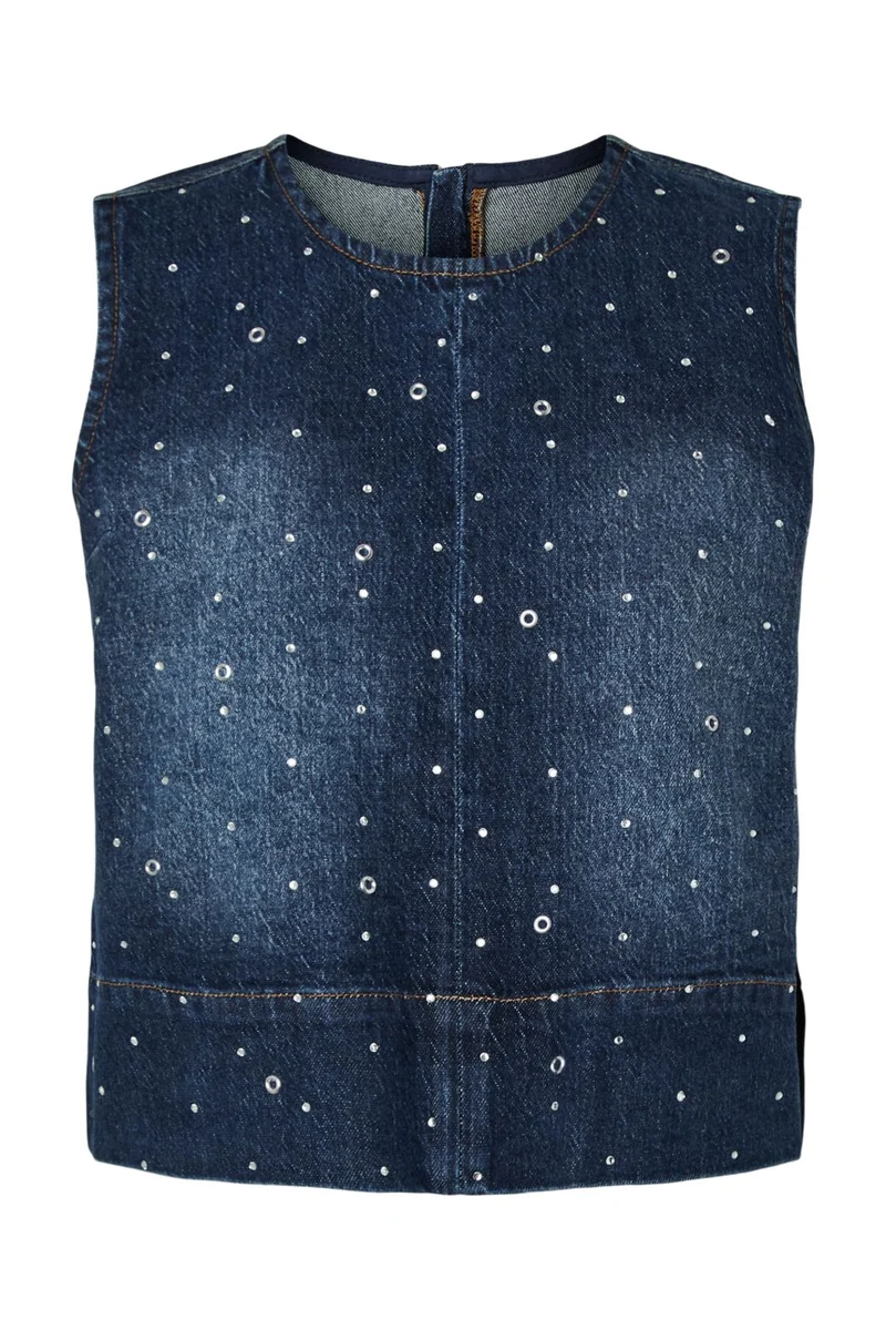 Pieces - Pcmerle Sl O-Neck Denim Top Fsy Pp - 5036181 Dark Blue Denim