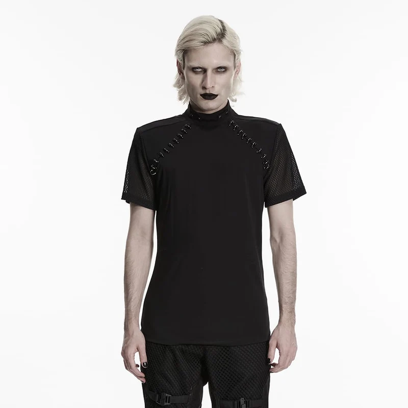 Herrtopp med korta ärmar och mesh-detaljer i punk-stil med D-ringar