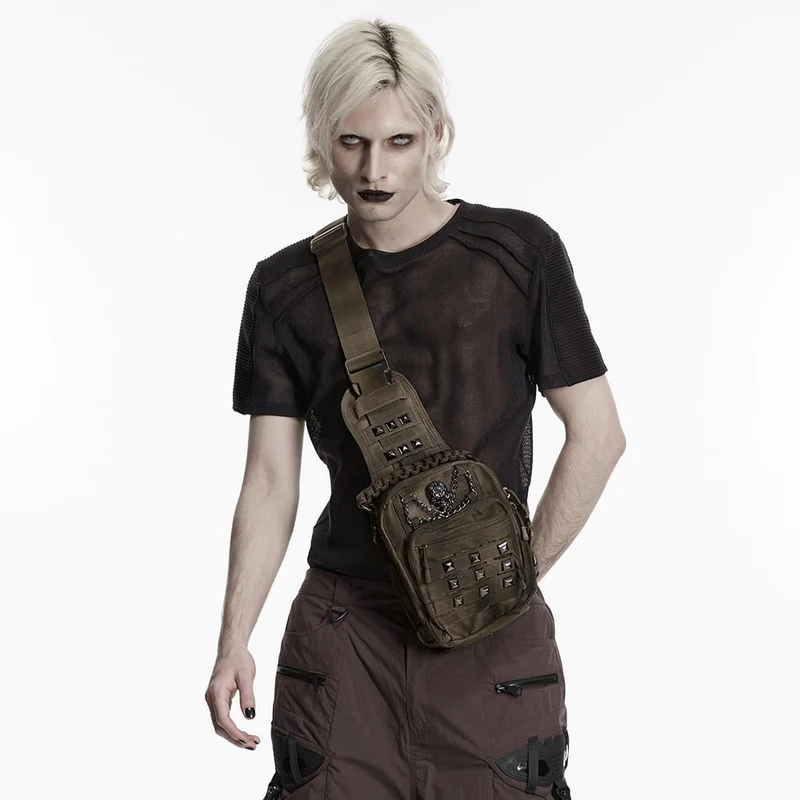 Herr Punk Skull Rivets Kedjad Axelremsväska Kaffe