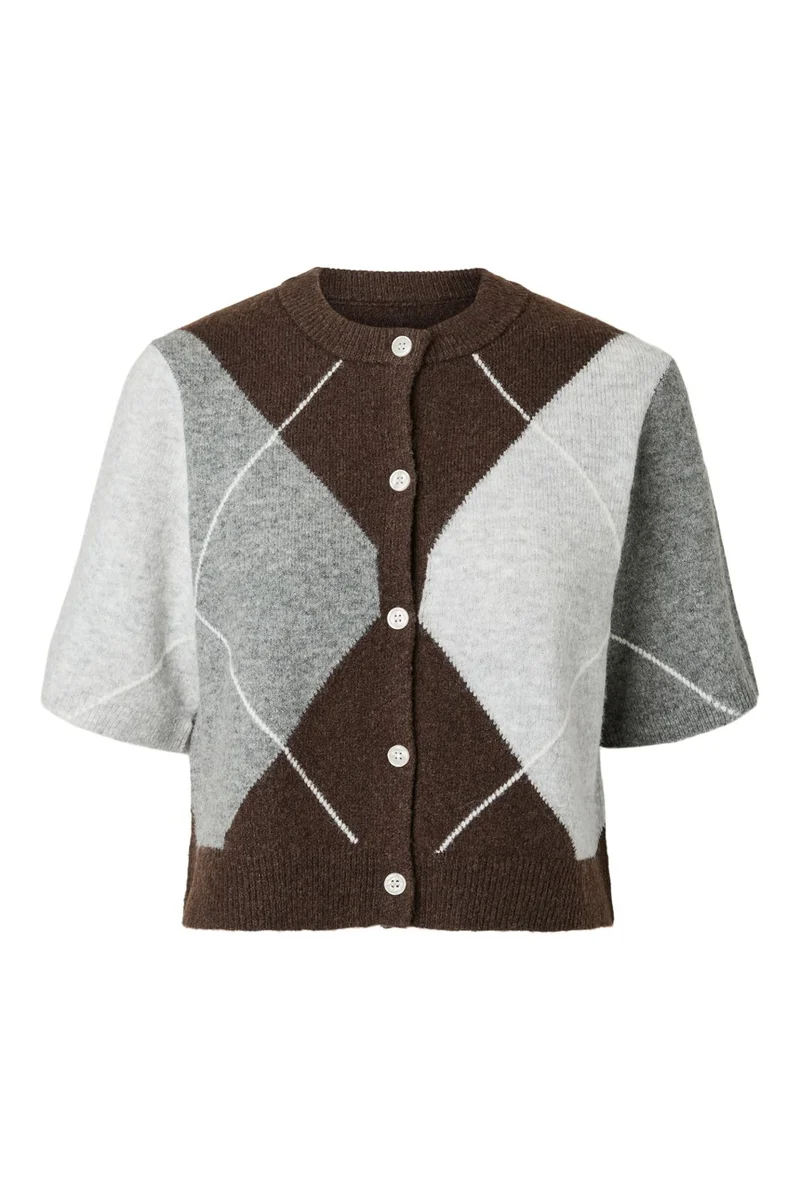 Pieces - Pcsally Ss Knit Check Cardigan - 5133918 Hot Fudge Grey/Birch