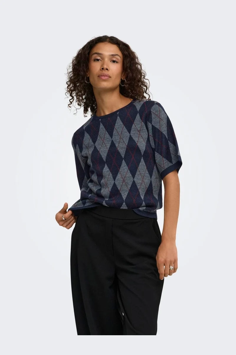 Jdy - Jdymaggy S/S Argyle Pullover Knt - 5228787 Smoked Pearl Black Iris & Tibetan Red