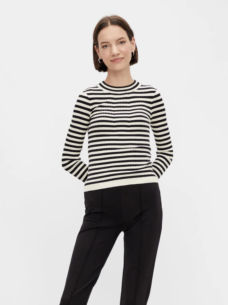 Pieces - Pccrista Ls O-Neck Knit - 3653318 Black WITH BIRCH STRIPES M