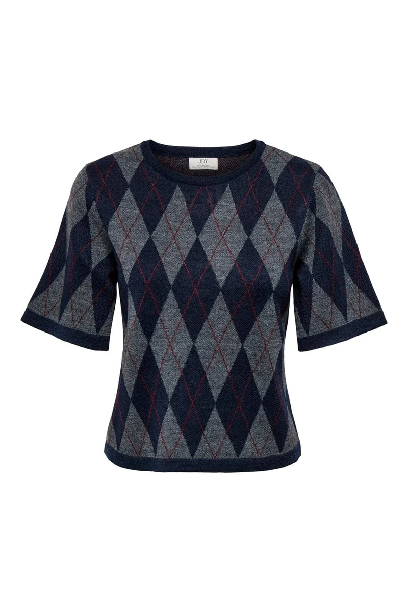 Jdy - Jdymaggy S/S Argyle Pullover Knt - 5228787 Smoked Pearl Black Iris & Tibetan Red
