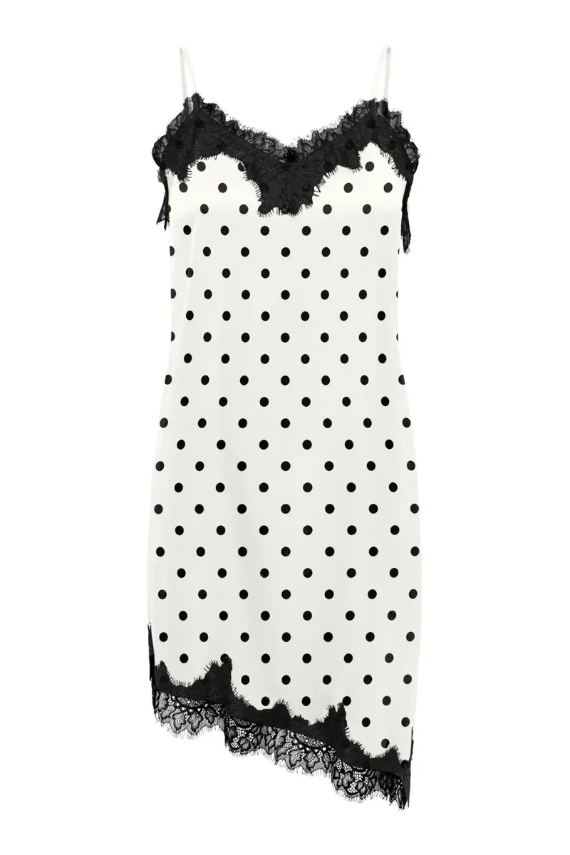 Only - Onlbella Strap Satin Lace Dress - 5126141 Cloud Dancer Black Dot And Black Lace
