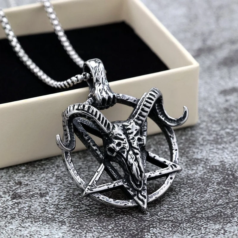 Herrhalsband med punk-pentagram och gethuvud